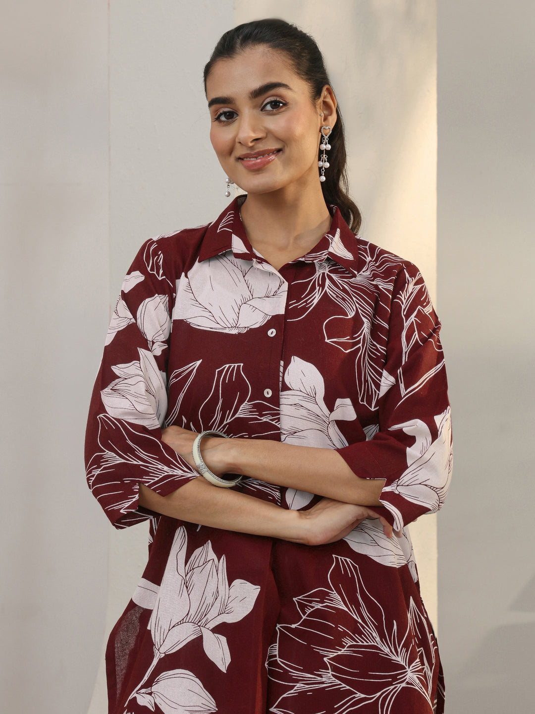  Maroon Floral Printed Cotton Co-Ord Set 