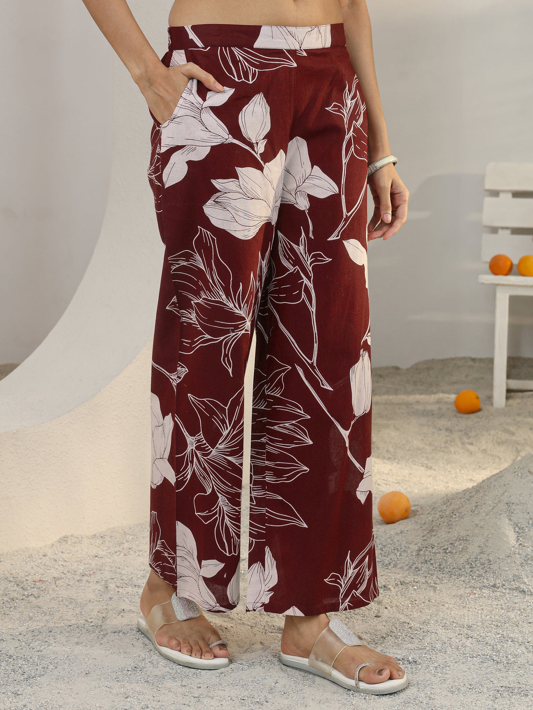  Maroon Floral Printed Cotton Co-Ord Set 