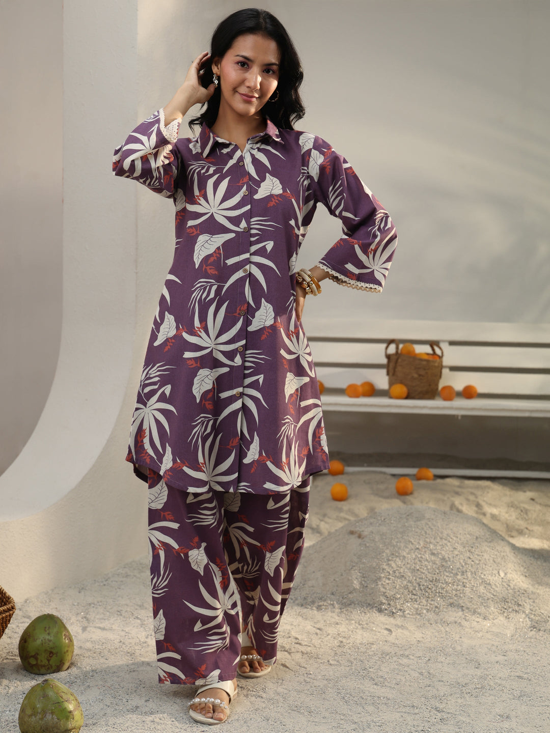  Mauve Floral Printed Cotton Co-Ord Set 