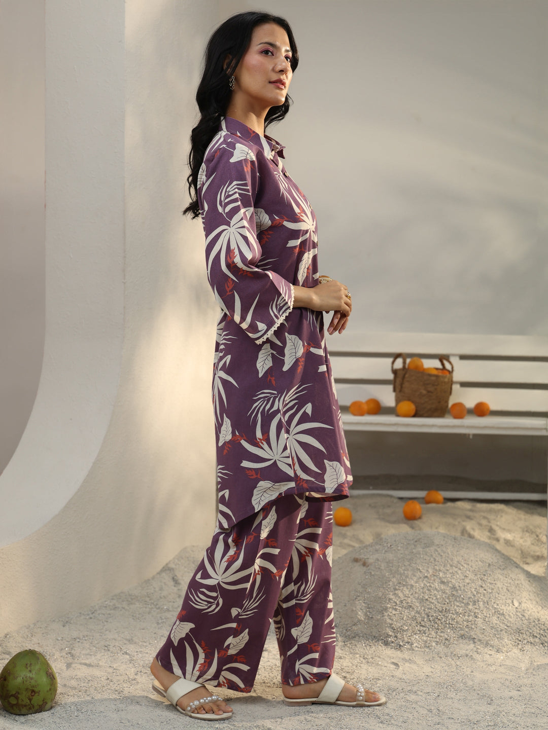  Mauve Floral Printed Cotton Co-Ord Set 