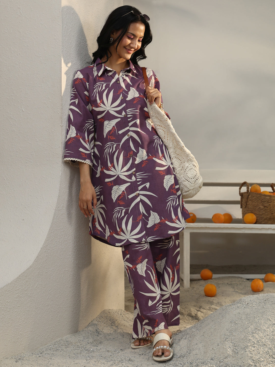  Mauve Floral Printed Cotton Co-Ord Set 