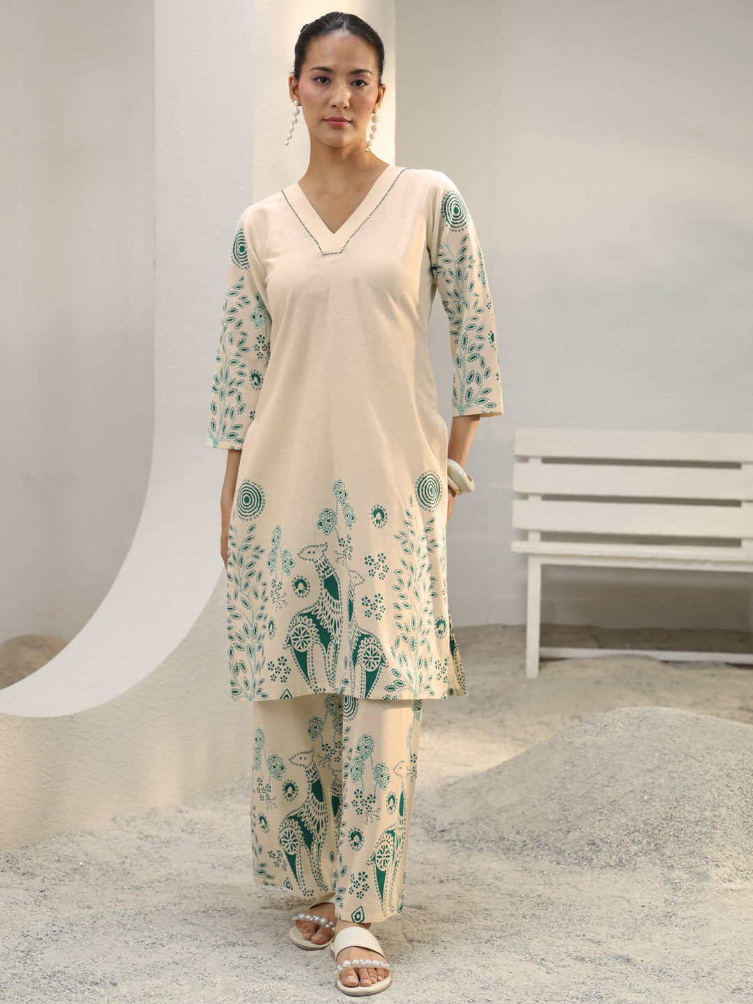  Off White Floral Printed Cotton Co-Ord Set 