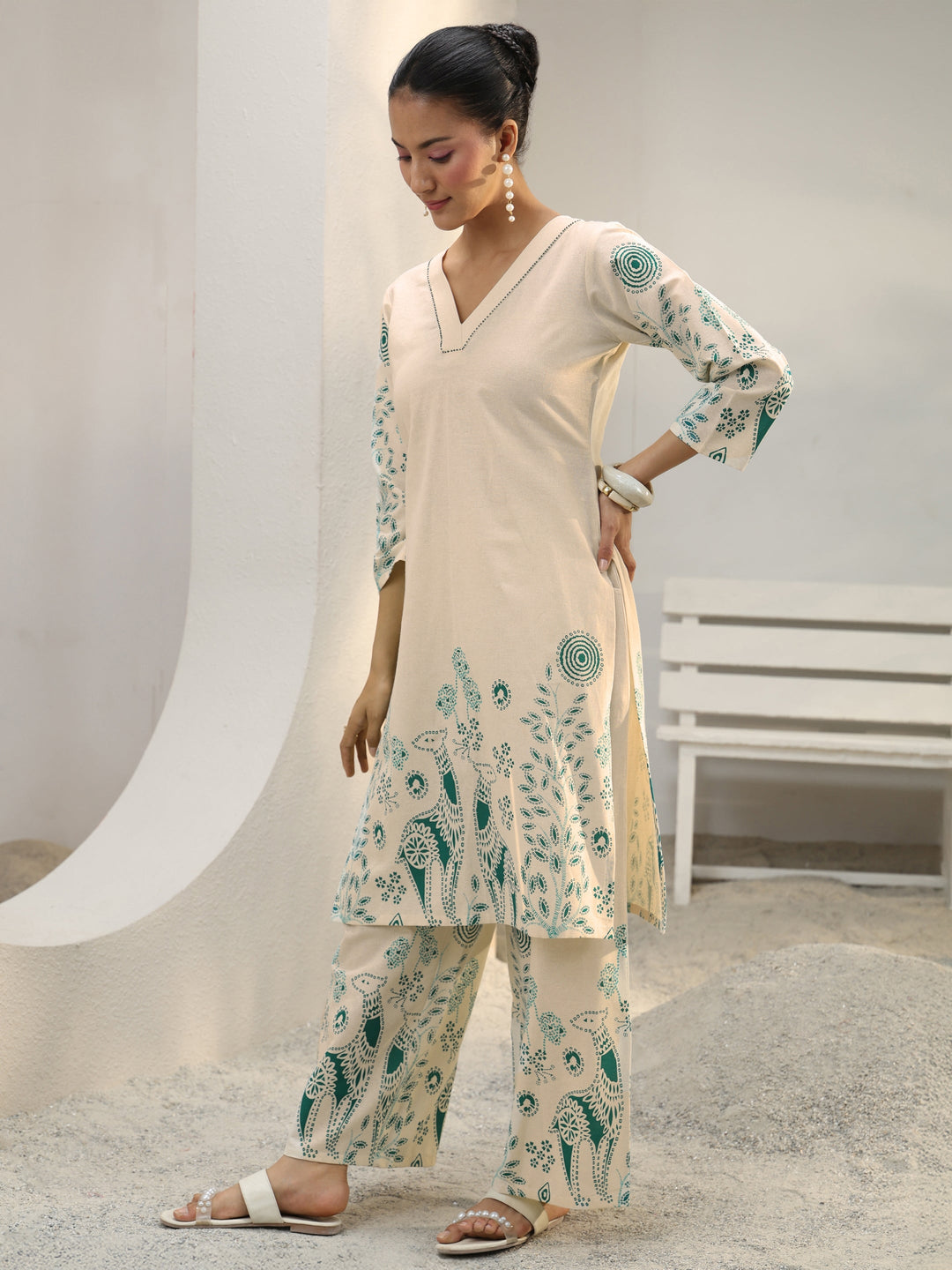  Off White Floral Printed Cotton Co-Ord Set 