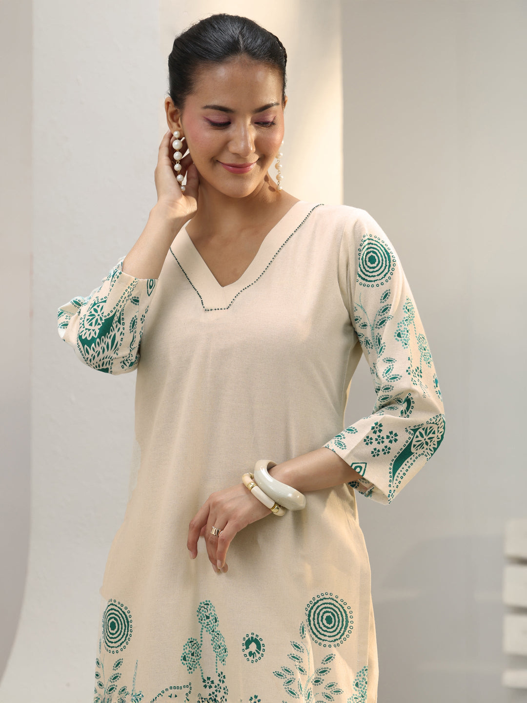  Off White Floral Printed Cotton Co-Ord Set 