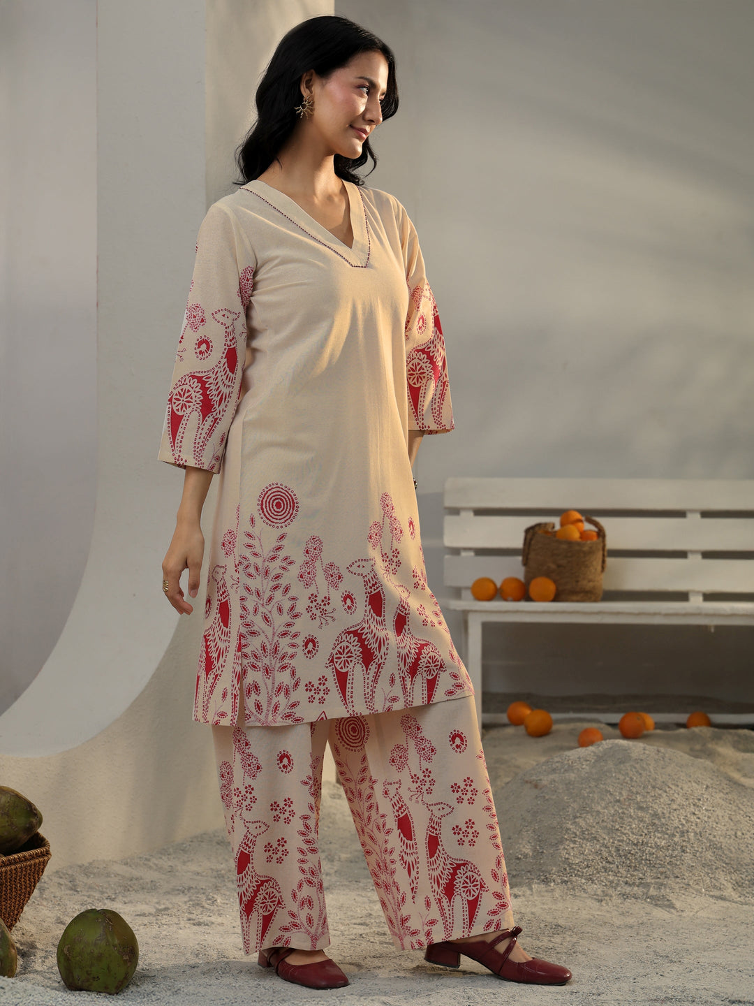  Off White Floral Printed Cotton Co-Ord Set 