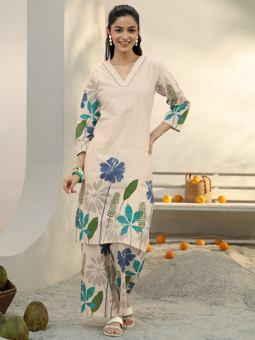  Off White Floral Printed Cotton Co-Ord Set 