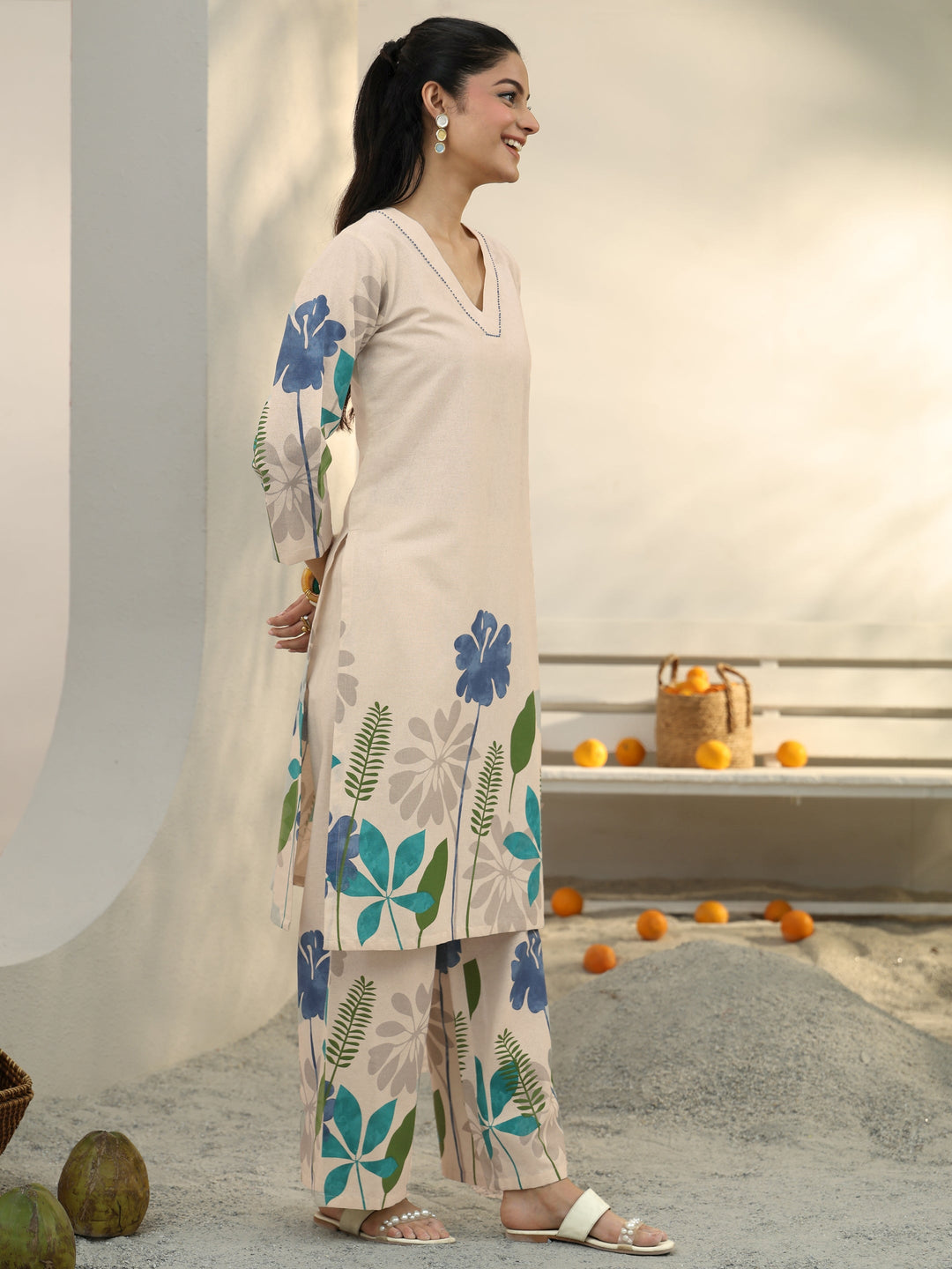  Off White Floral Printed Cotton Co-Ord Set 