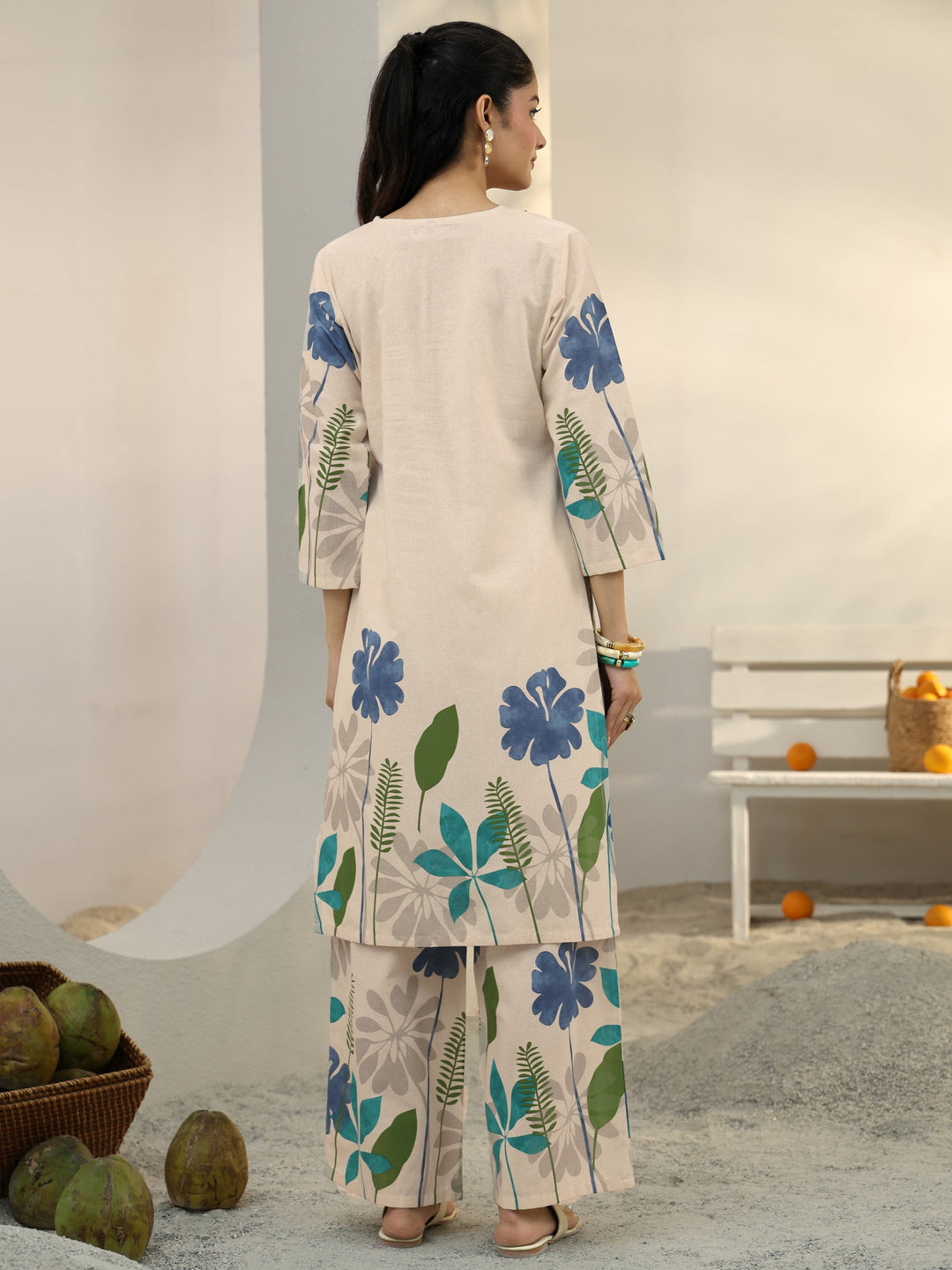  Off White Floral Printed Cotton Co-Ord Set 