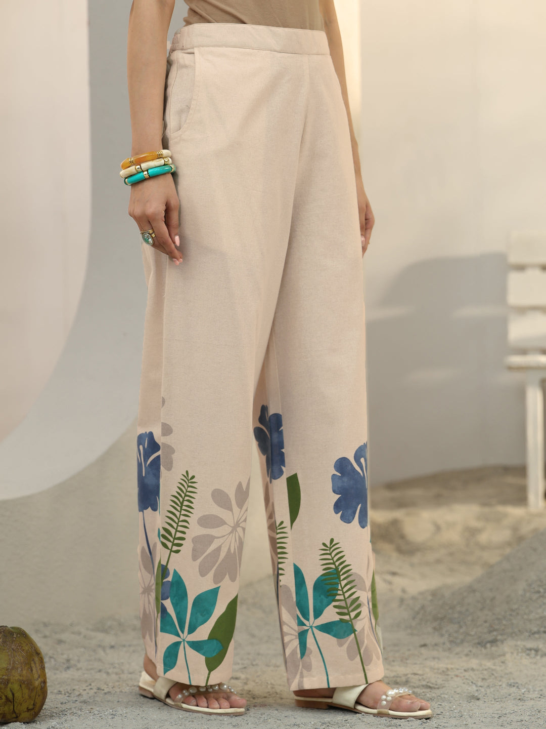  Off White Floral Printed Cotton Co-Ord Set 