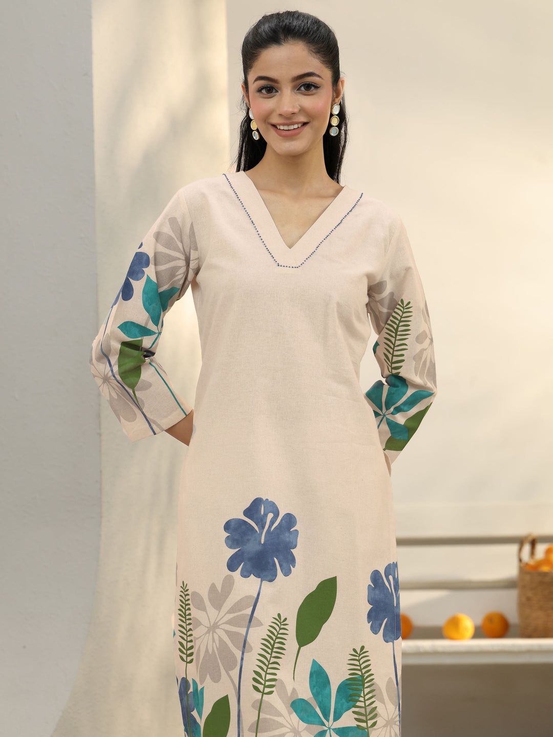 Off White Floral Printed Cotton Co-Ord Set 