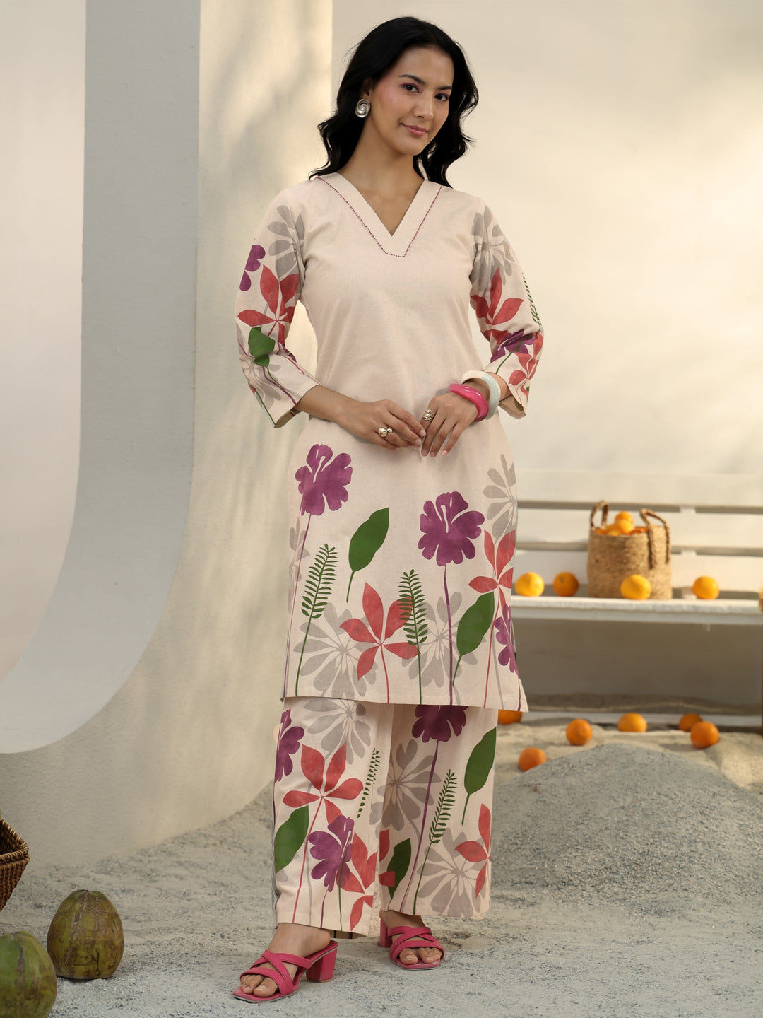  Off White Floral Printed Cotton Co-Ord Set 