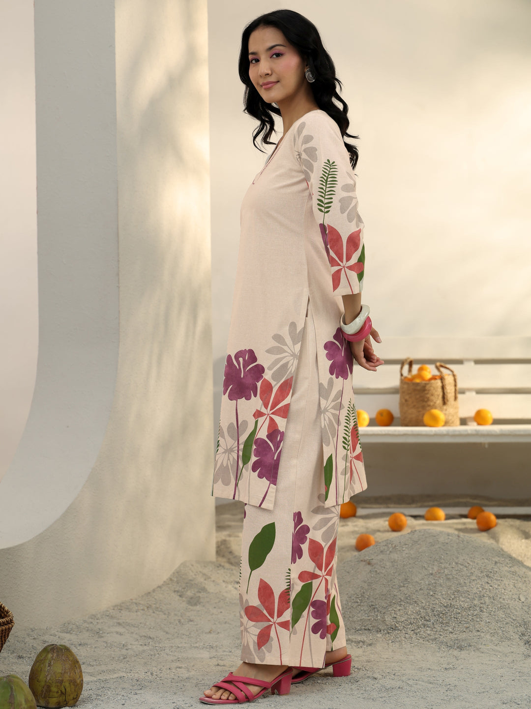  Off White Floral Printed Cotton Co-Ord Set 