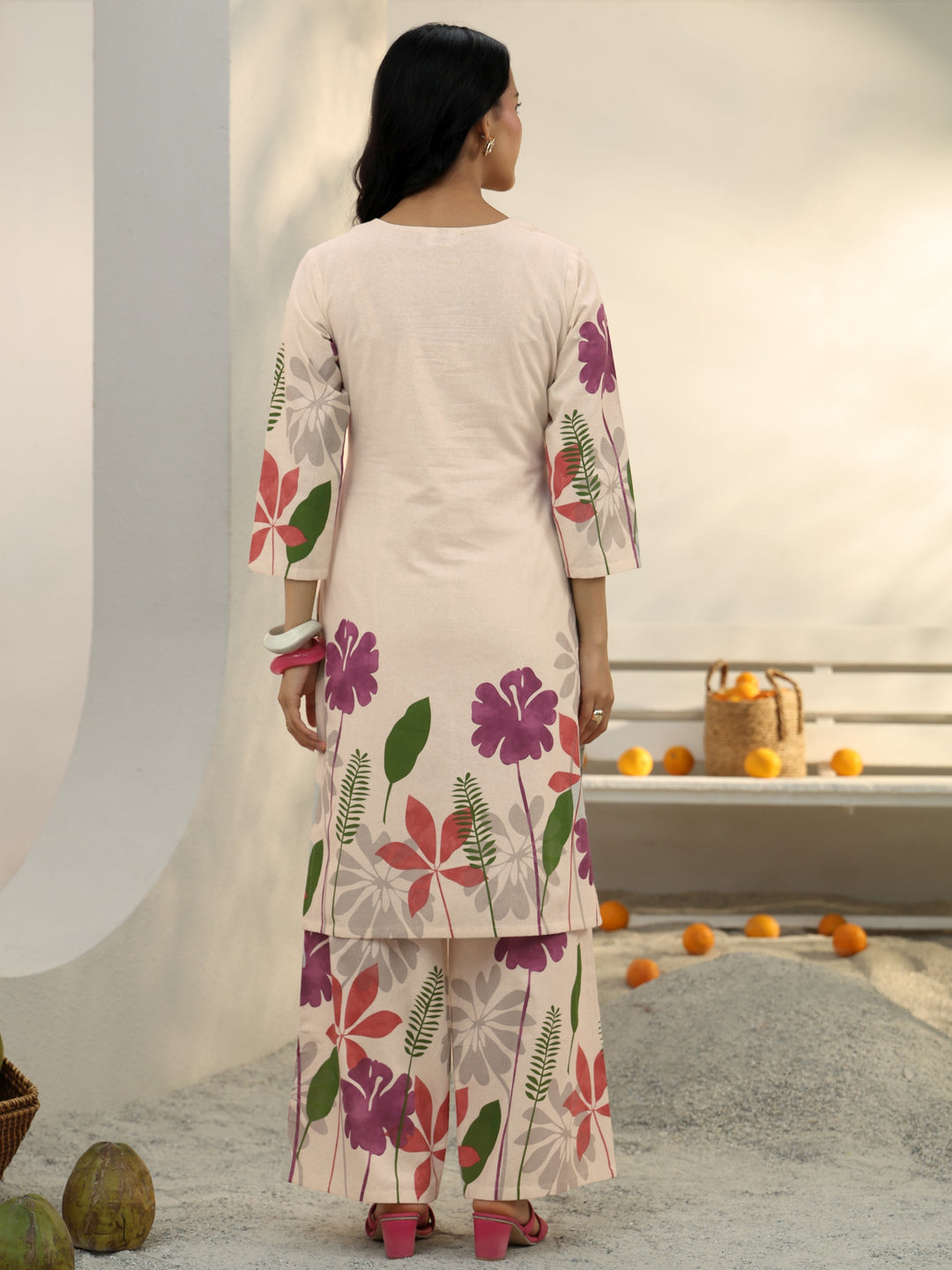  Off White Floral Printed Cotton Co-Ord Set 