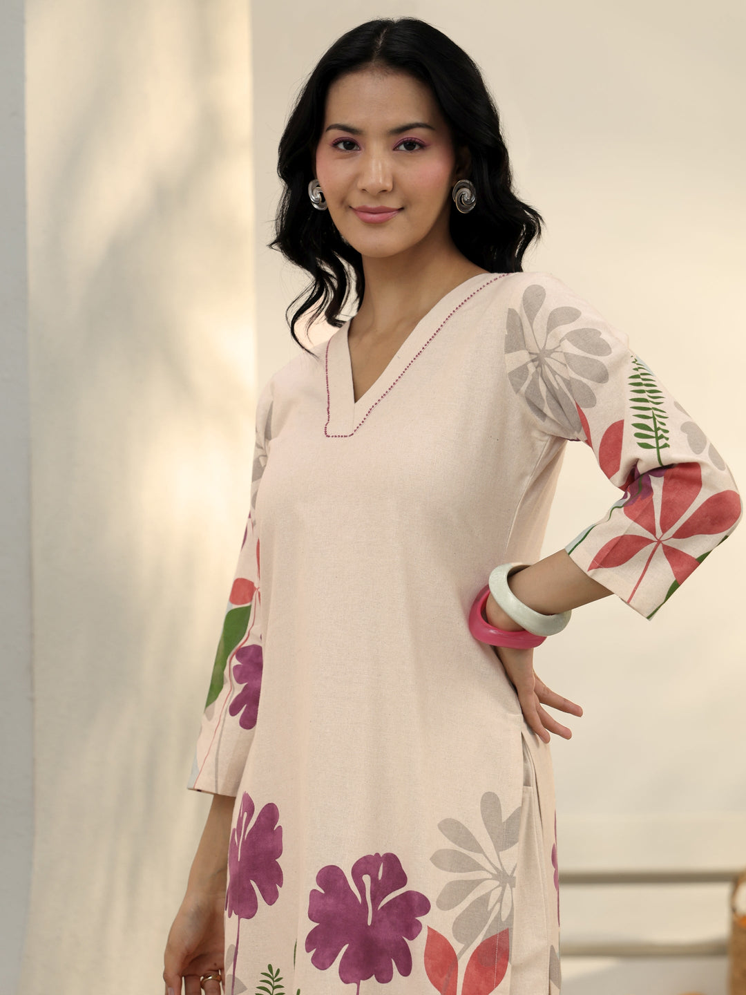  Off White Floral Printed Cotton Co-Ord Set 