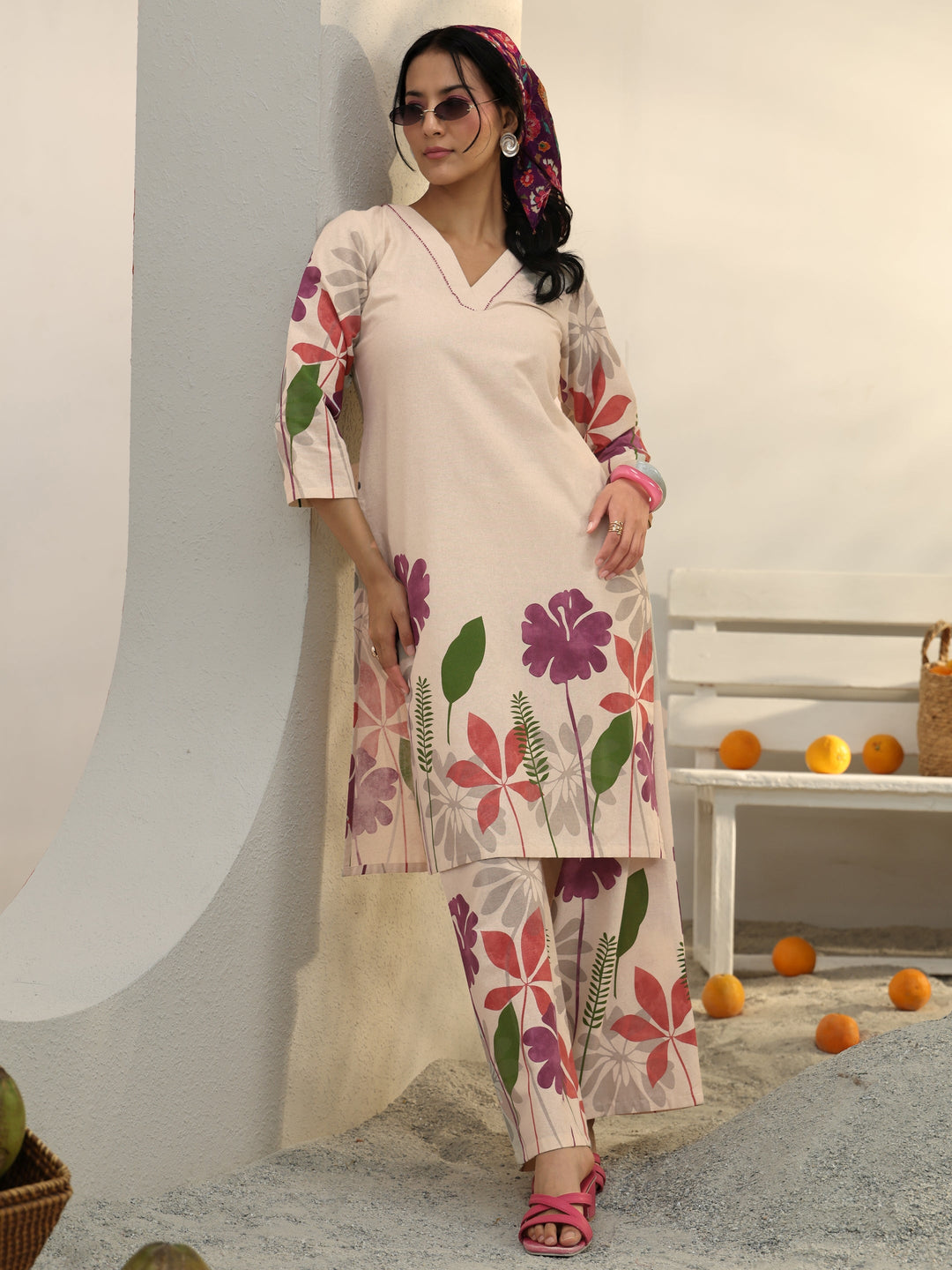  Off White Floral Printed Cotton Co-Ord Set 