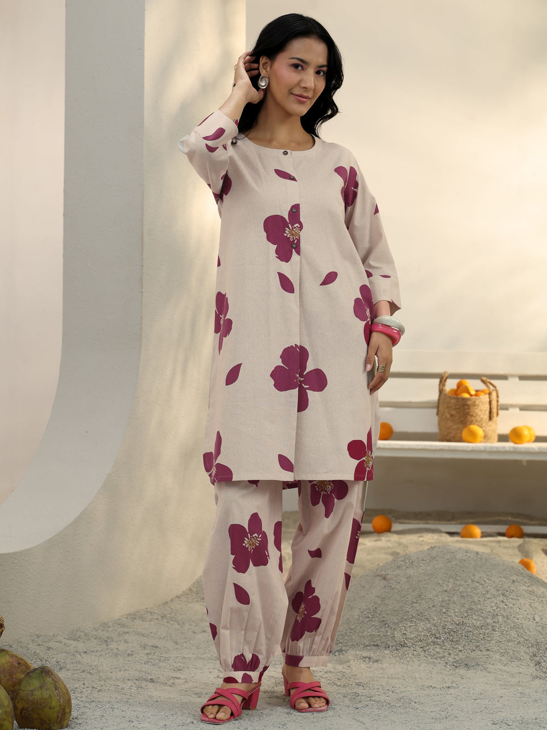  Off White Floral Printed Cotton Co-Ord Set 