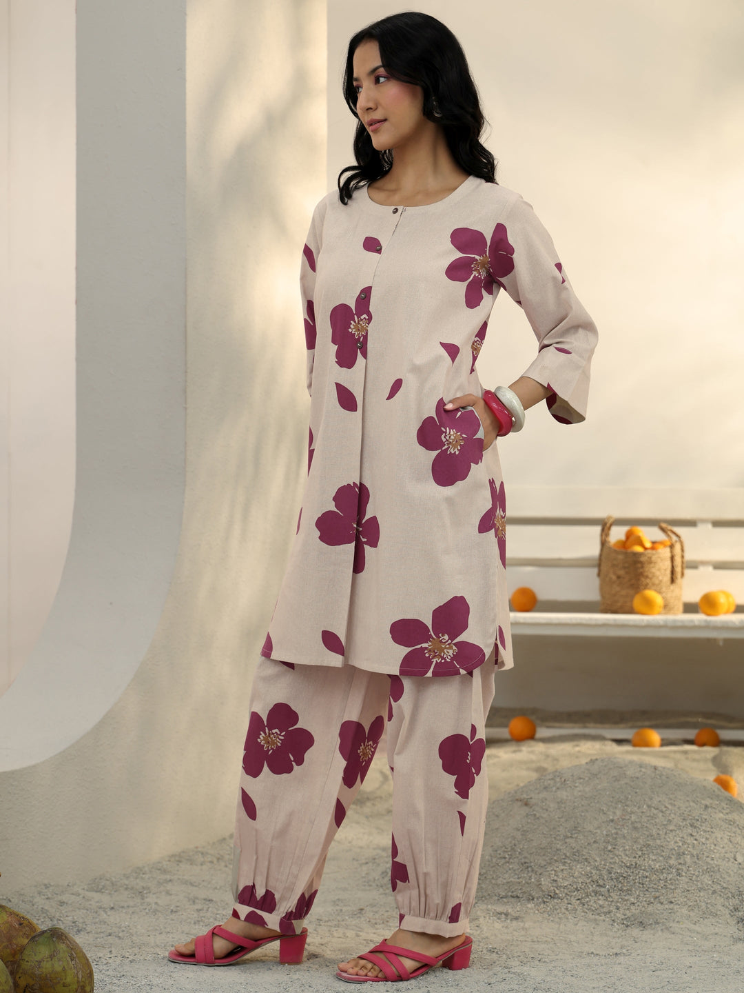  Off White Floral Printed Cotton Co-Ord Set 