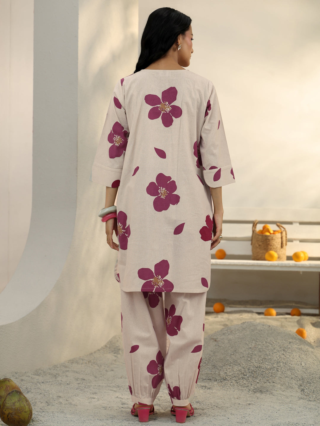  Off White Floral Printed Cotton Co-Ord Set 