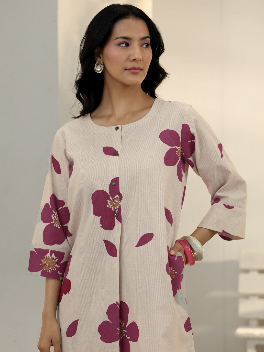  Off White Floral Printed Cotton Co-Ord Set 