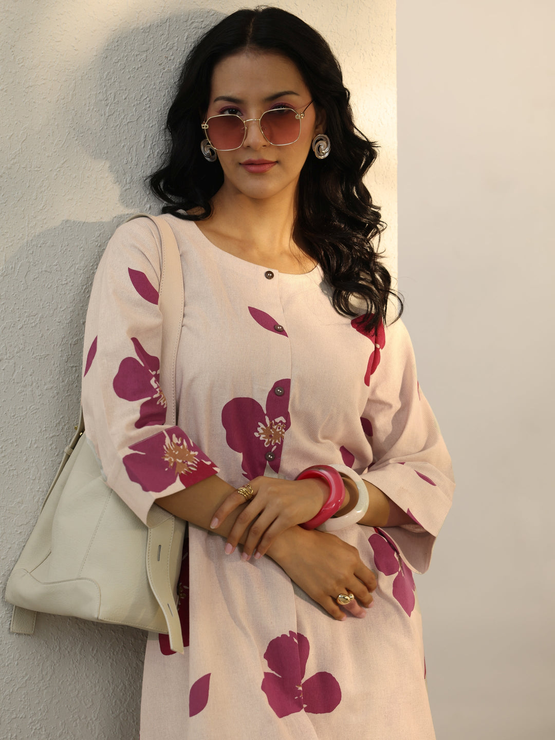  Off White Floral Printed Cotton Co-Ord Set 