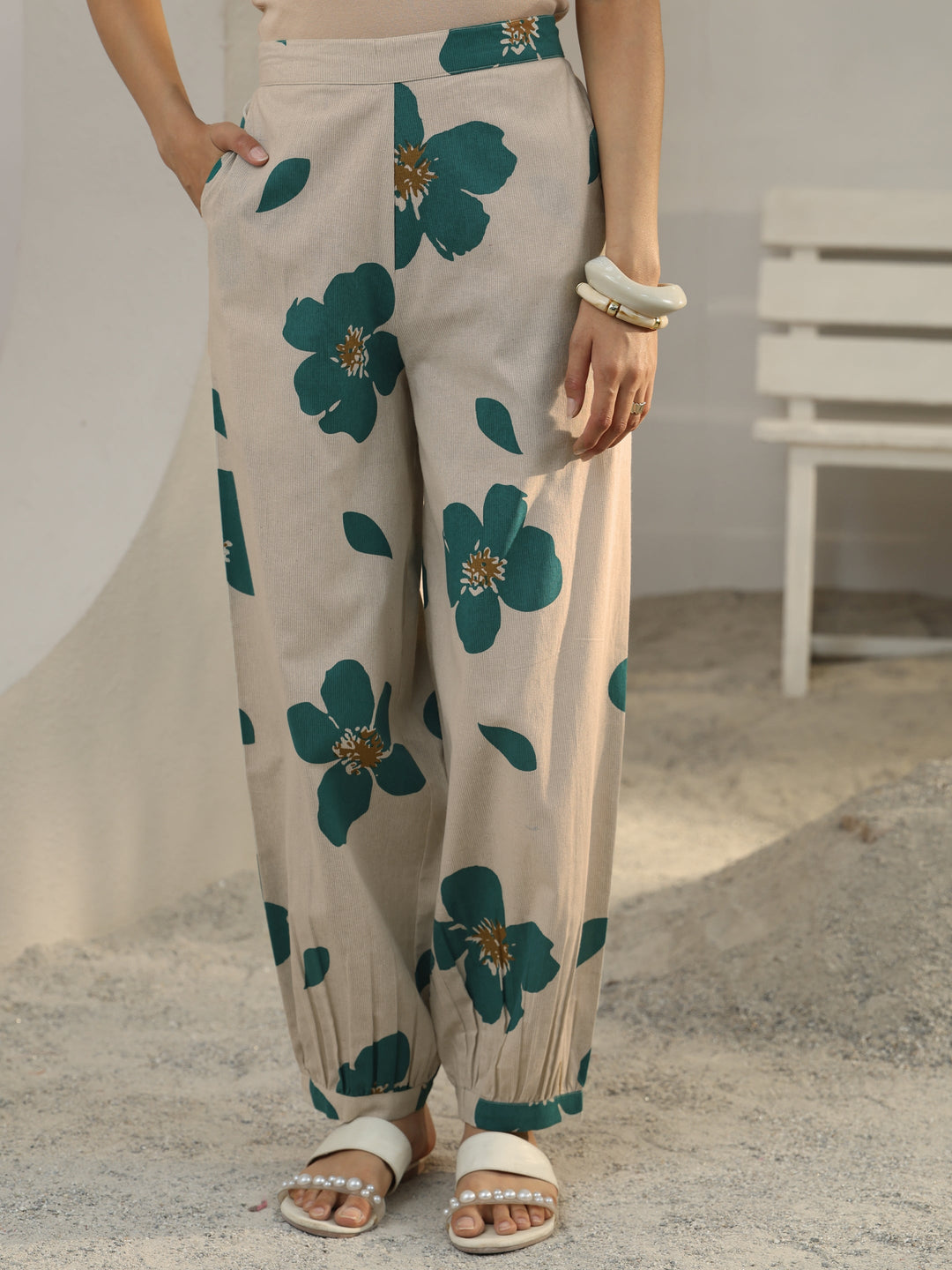  Off White Floral Printed Cotton Co-Ord Set 
