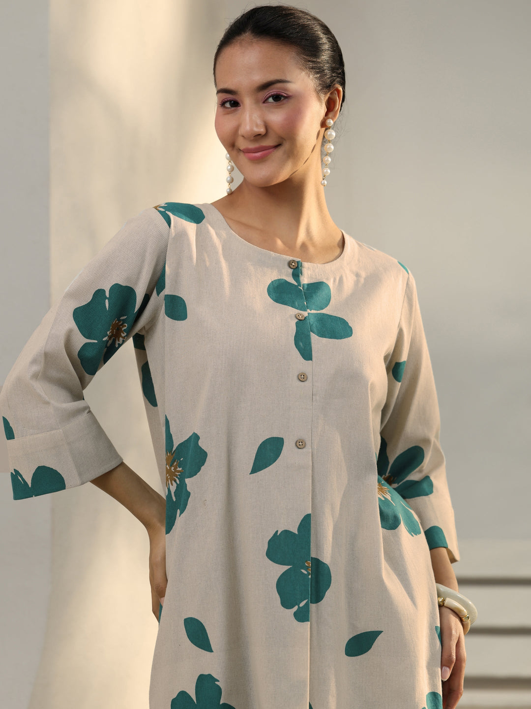  Off White Floral Printed Cotton Co-Ord Set 