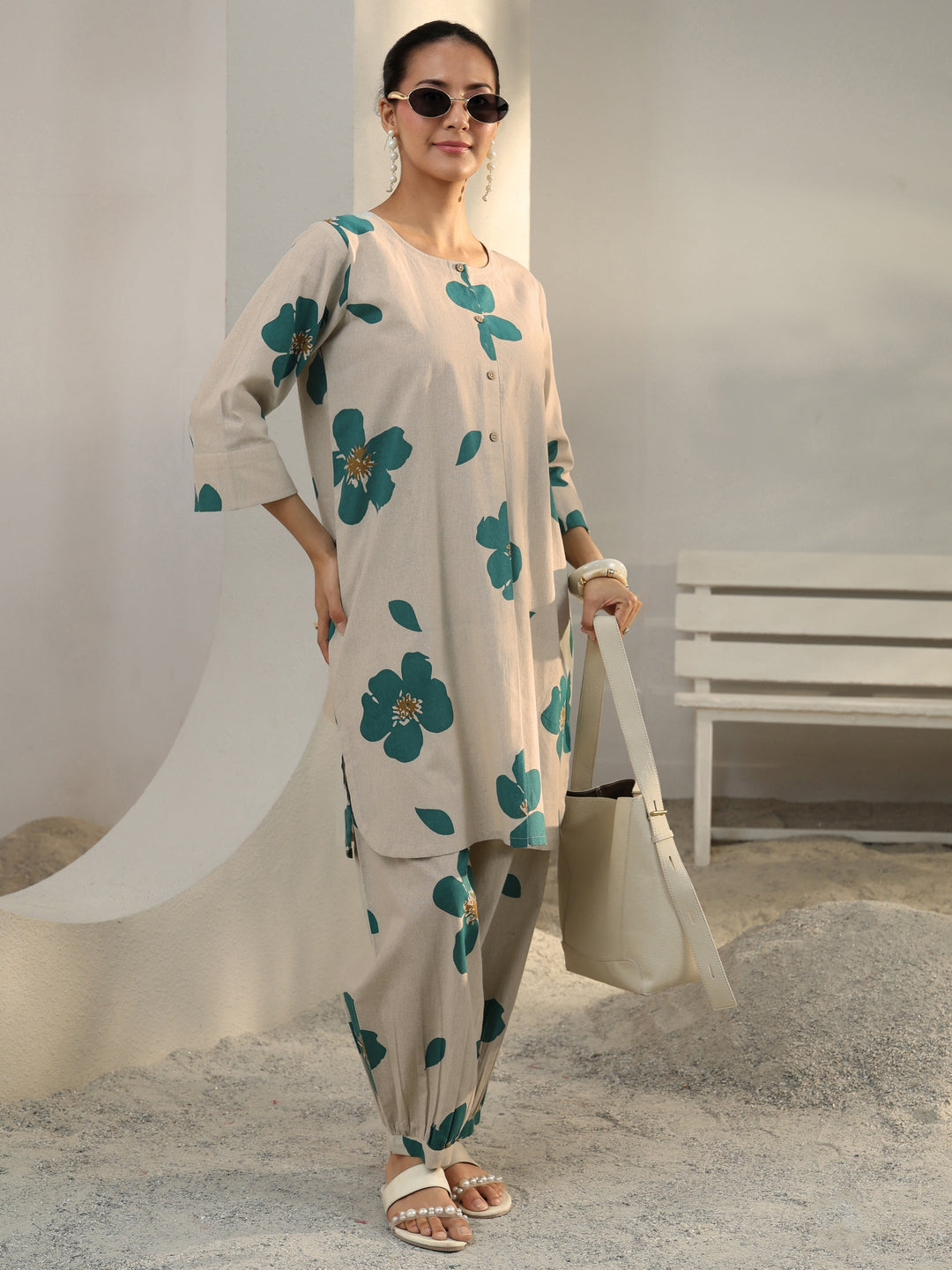  Off White Floral Printed Cotton Co-Ord Set 