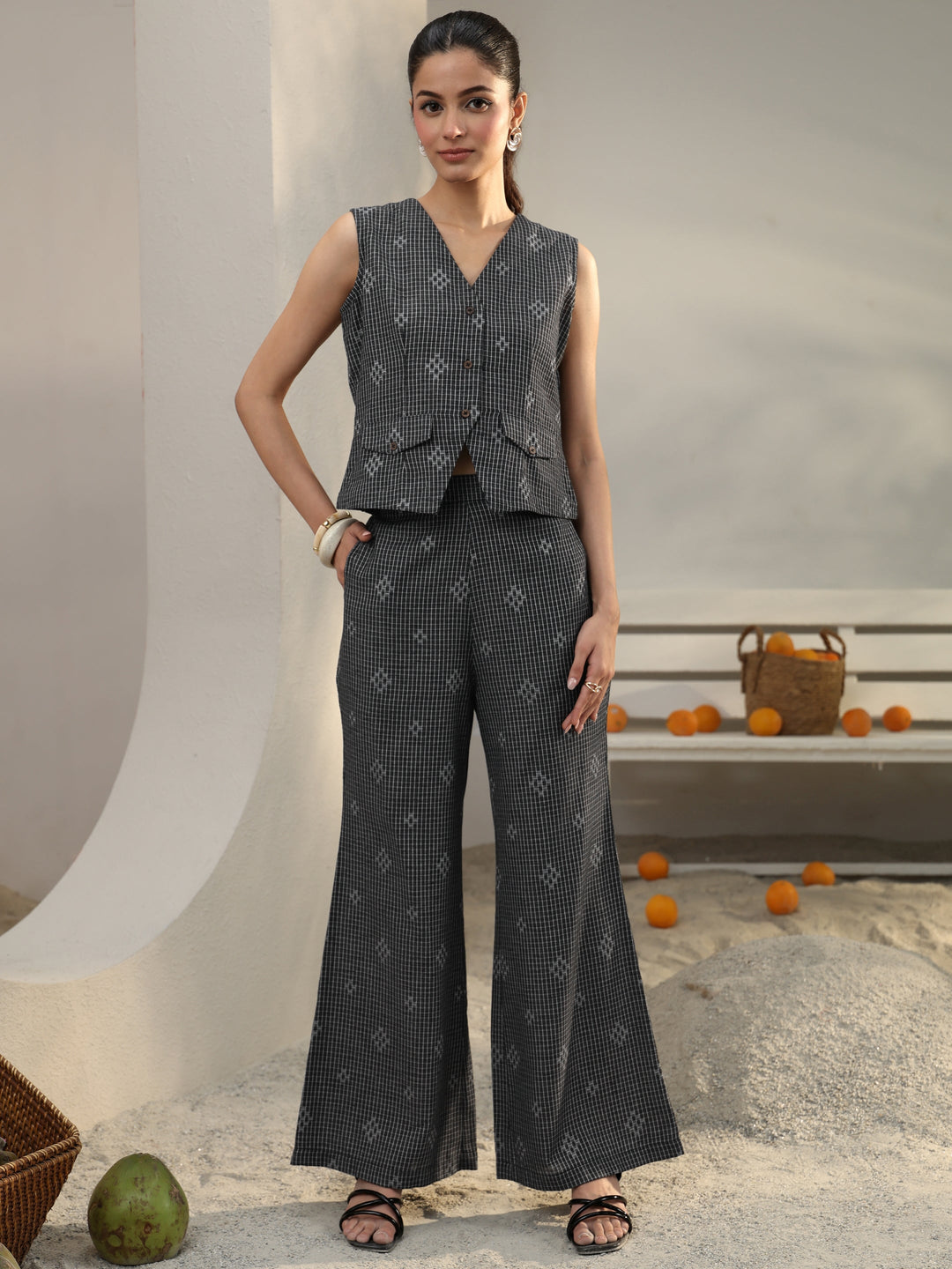  Black Checked Woven Design Cotton Blend Co-Ord Set 