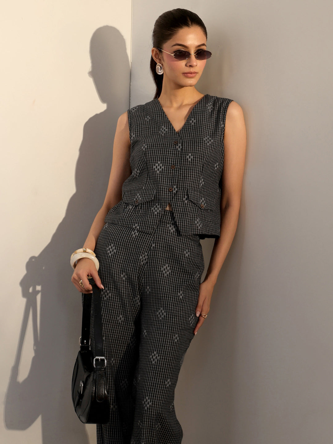  Black Checked Woven Design Cotton Blend Co-Ord Set 