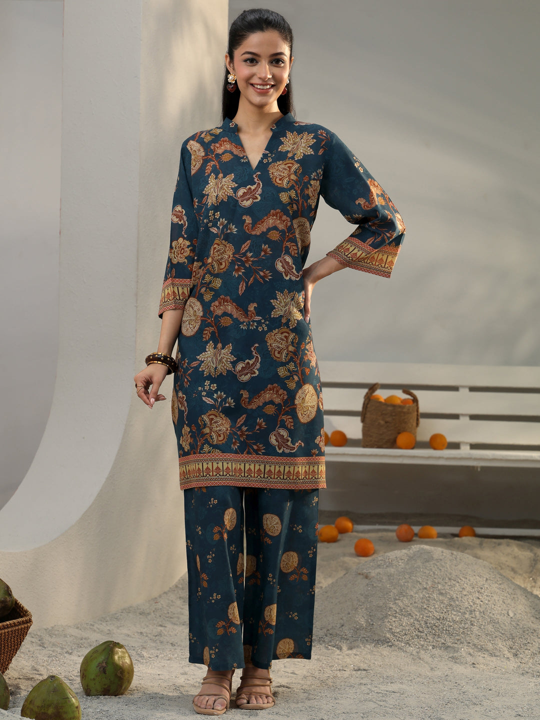  Blue Ethnic Printed Cotton Blend Co-Ord Set 