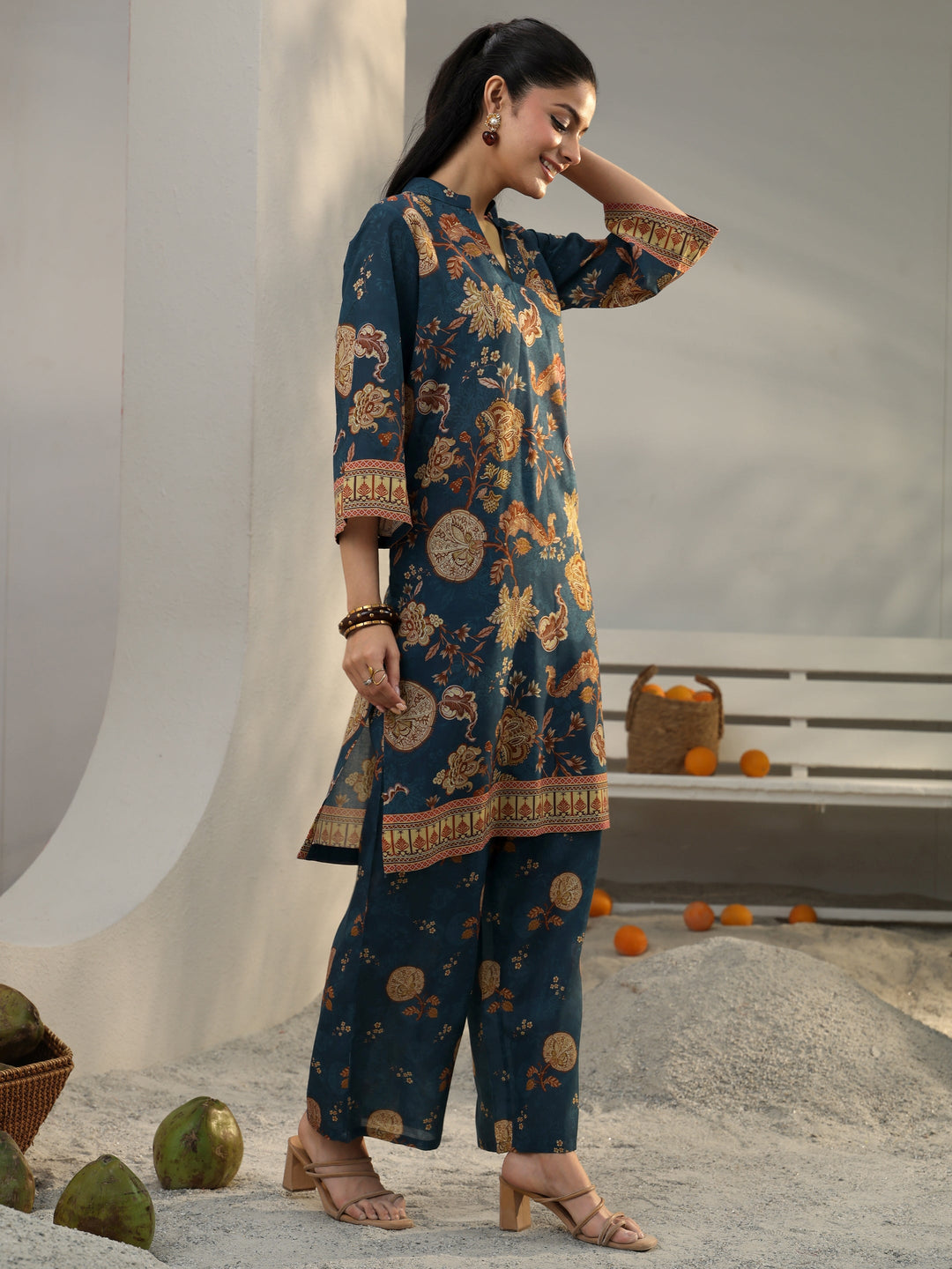  Blue Ethnic Printed Cotton Blend Co-Ord Set 