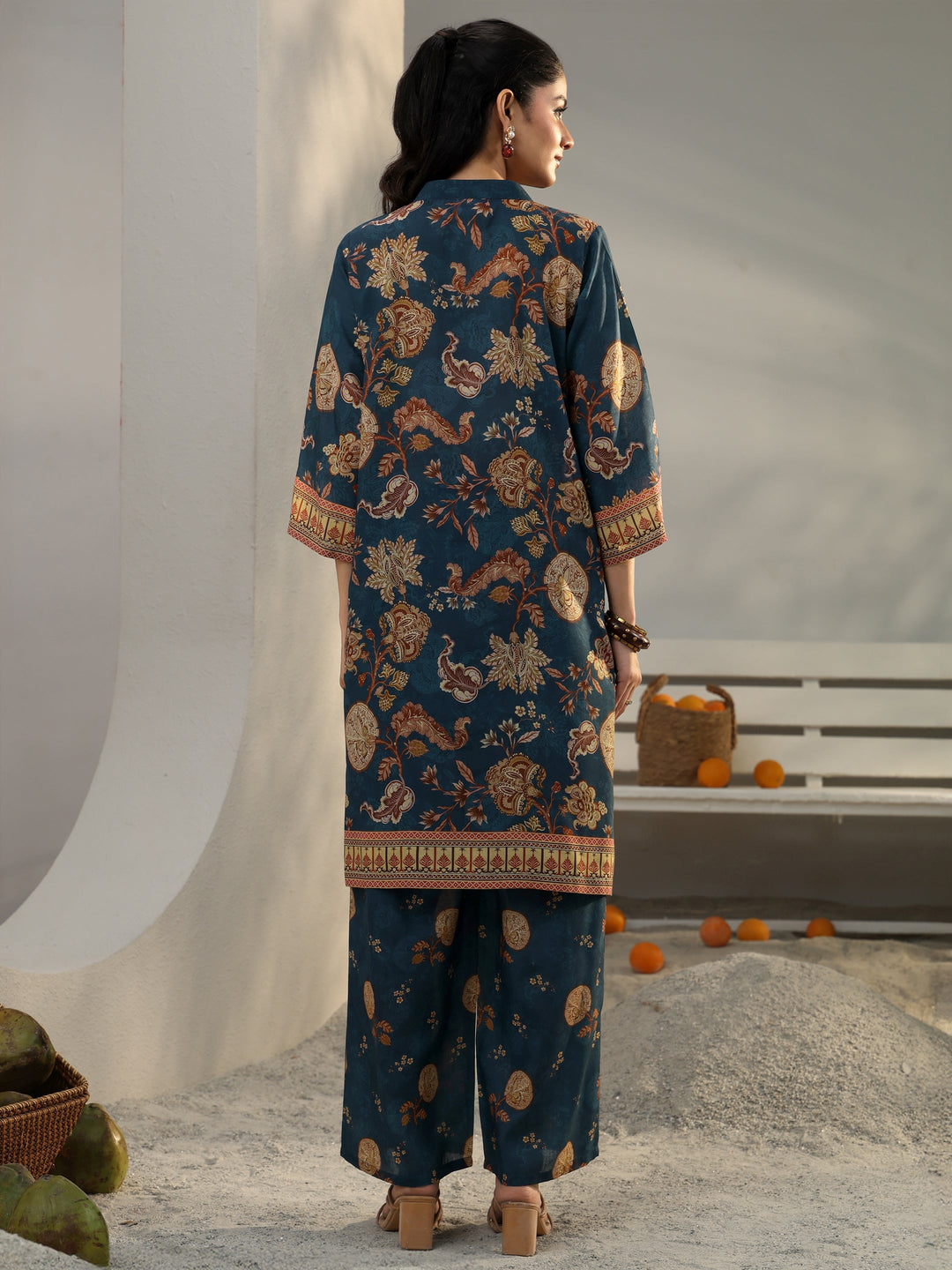  Blue Ethnic Printed Cotton Blend Co-Ord Set 