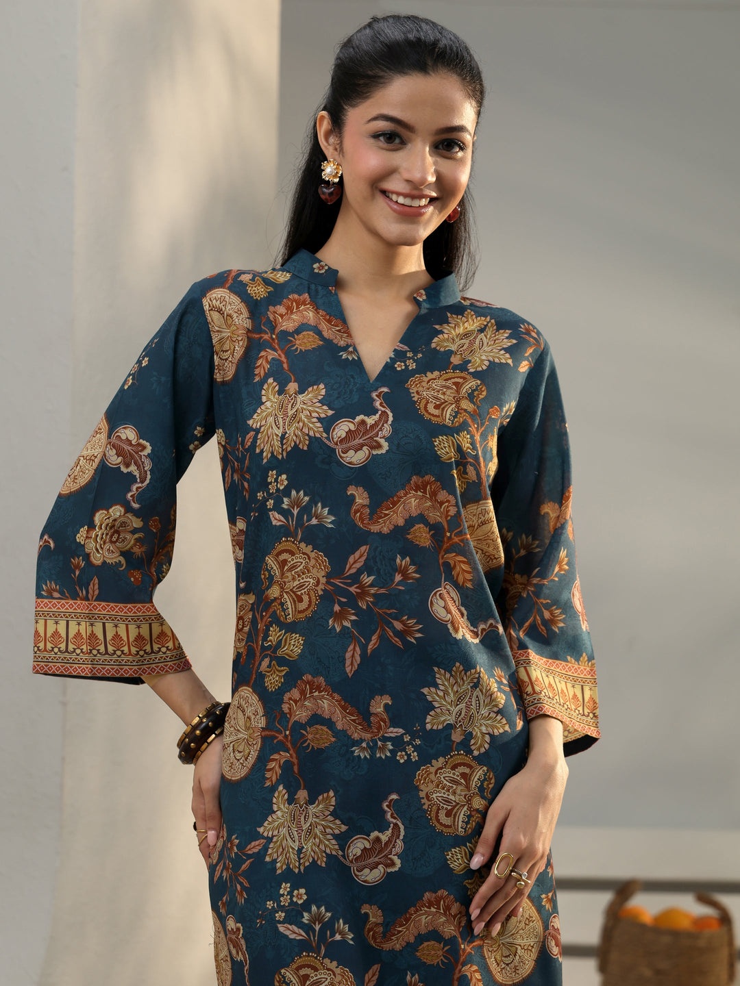  Blue Ethnic Printed Cotton Blend Co-Ord Set 