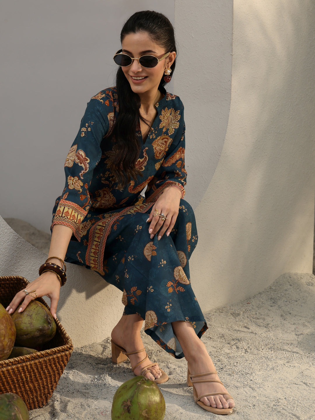  Blue Ethnic Printed Cotton Blend Co-Ord Set 