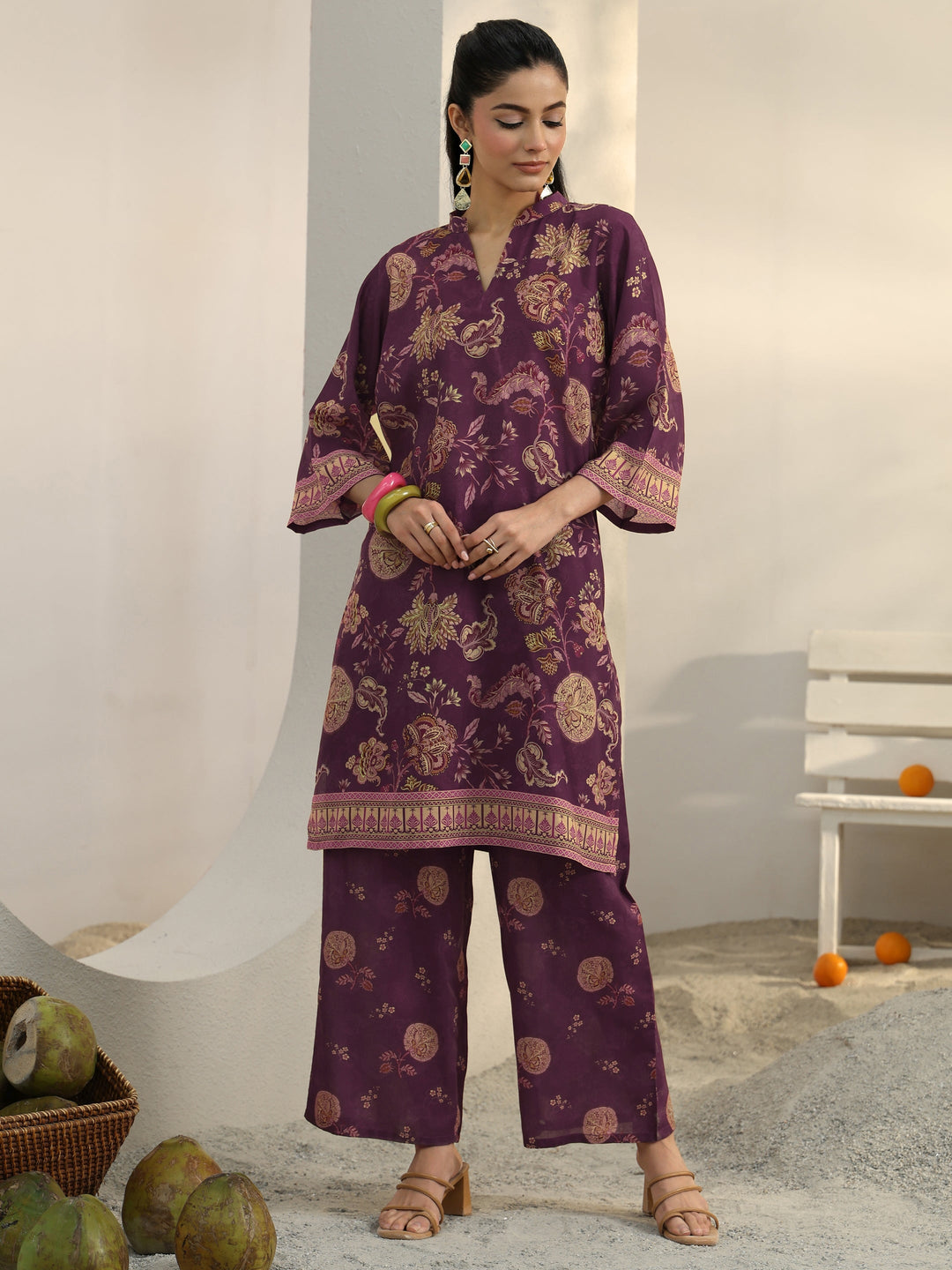  Burgundy Ethnic Printed Cotton Blend Co-Ord Set 