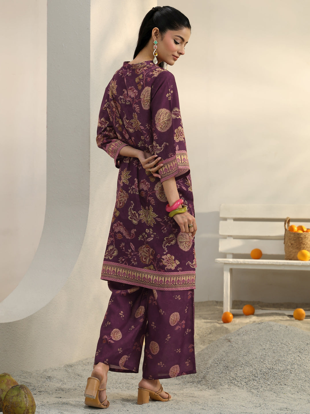  Burgundy Ethnic Printed Cotton Blend Co-Ord Set 