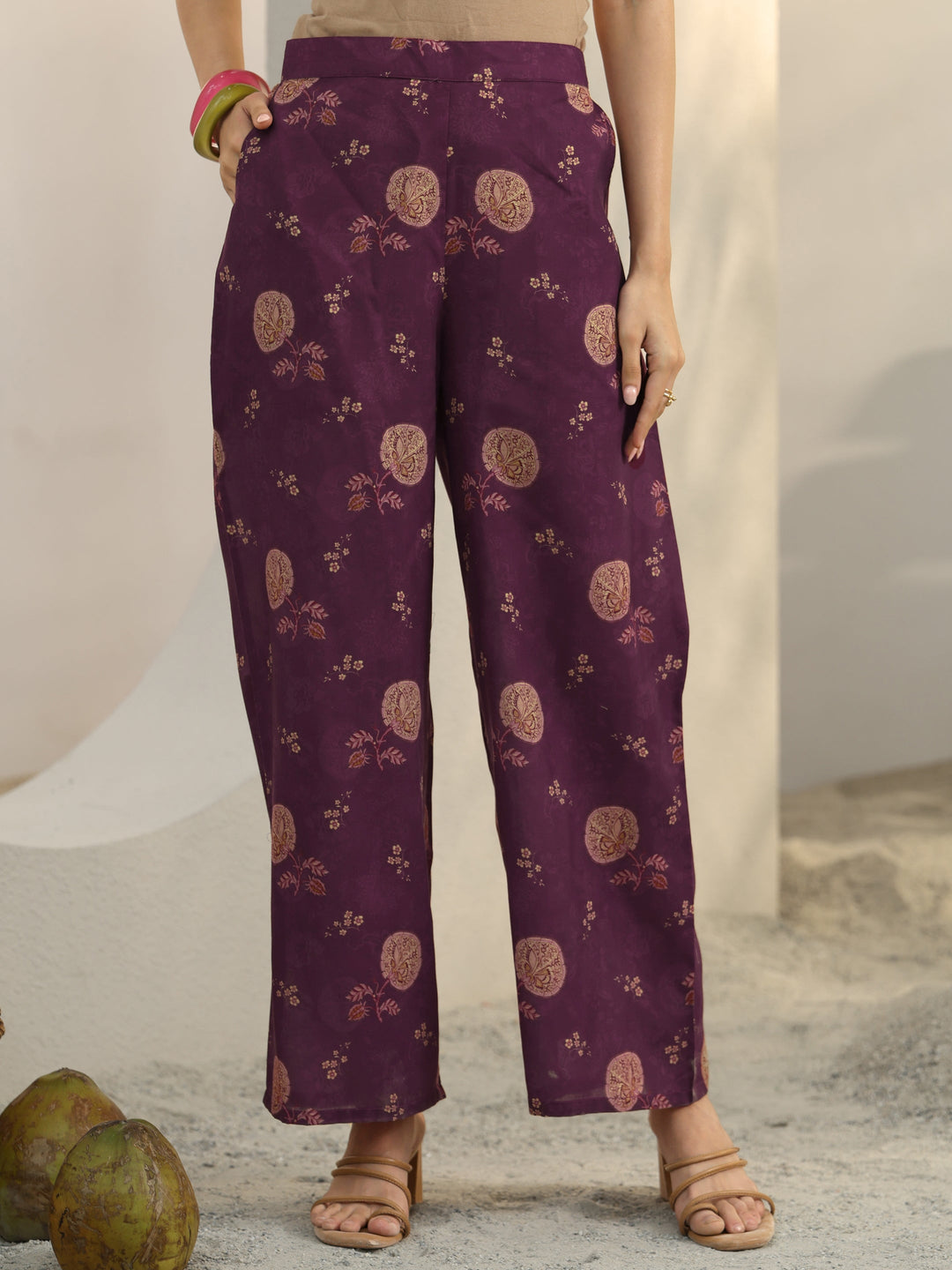 Burgundy Ethnic Printed Cotton Blend Co-Ord Set 