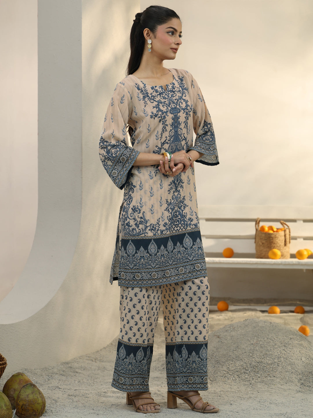  Off White Ethnic Printed Cotton Blend Co-Ord Set 
