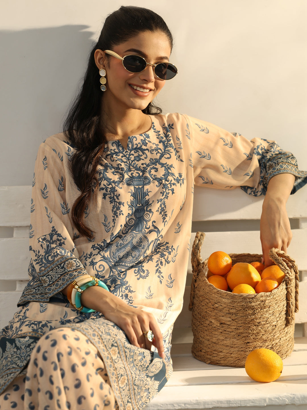  Off White Ethnic Printed Cotton Blend Co-Ord Set 