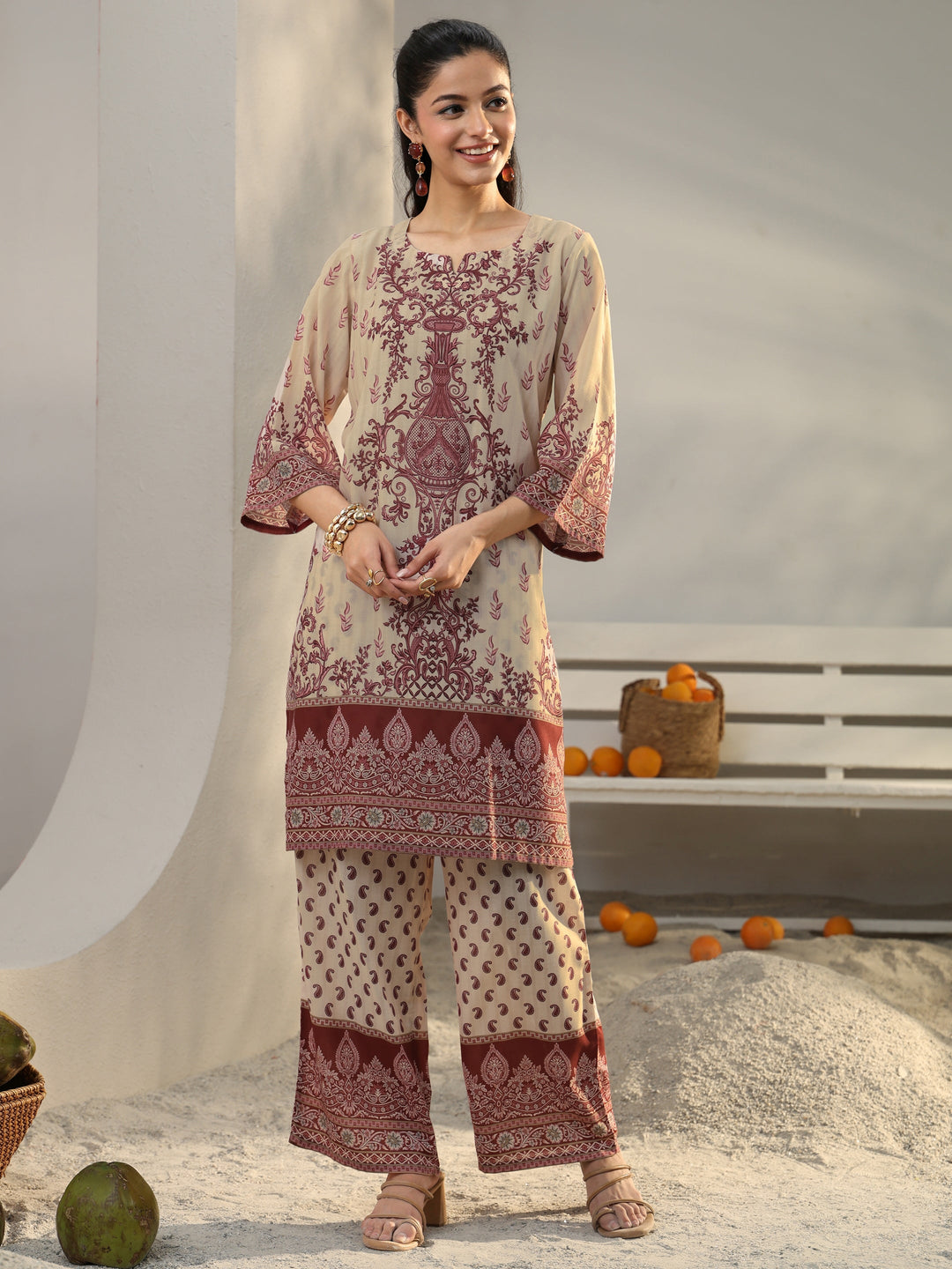  Beige Ethnic Printed Cotton Blend Co-Ord Set 
