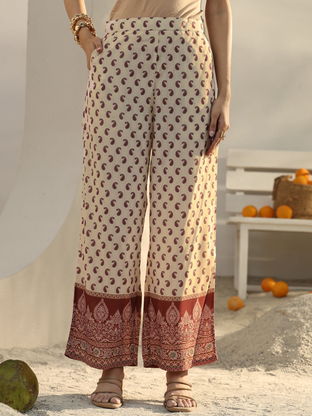  Beige Ethnic Printed Cotton Blend Co-Ord Set 