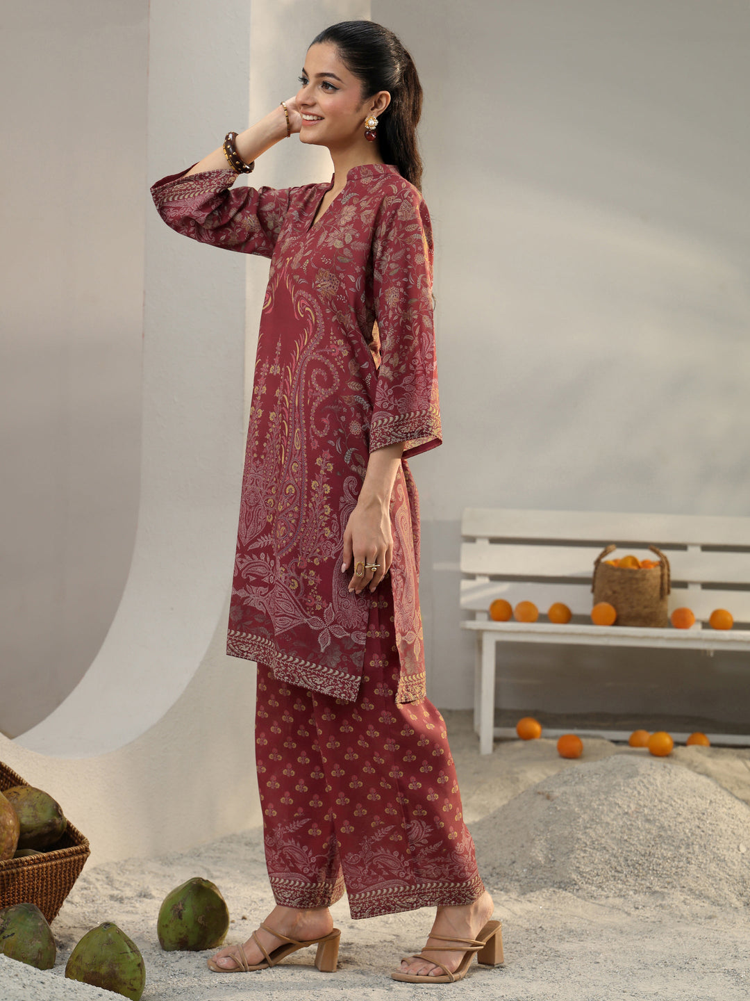  Maroon Floral Printed Cotton Blend Co-Ord Set 