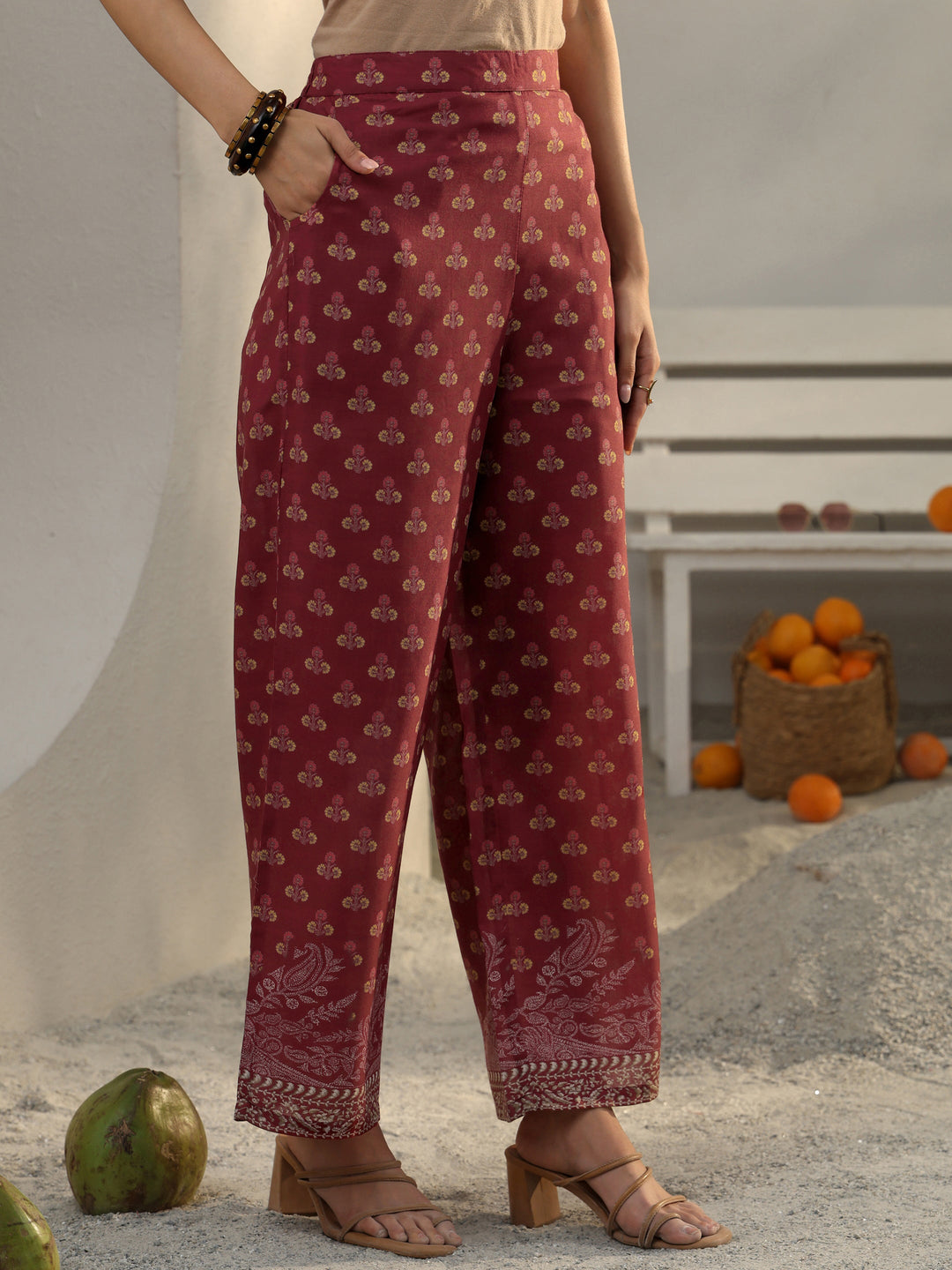  Maroon Floral Printed Cotton Blend Co-Ord Set 