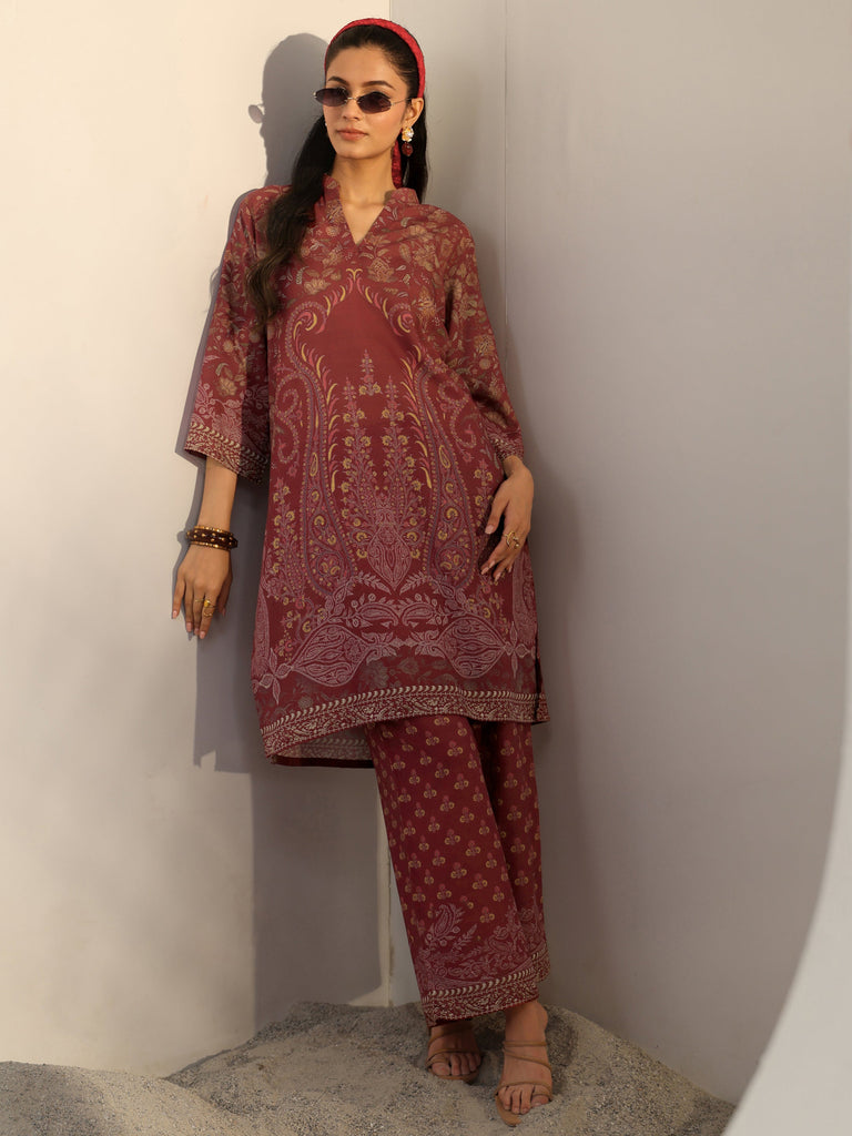 Libas Maroon Floral Printed Cotton Blend Co-Ord Set