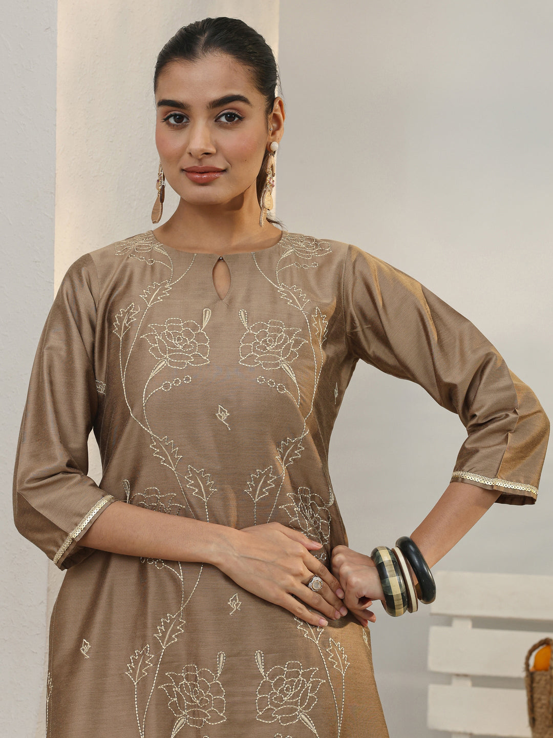  Brown Floral Embroidered Silk Blend Straight Kurta Set 