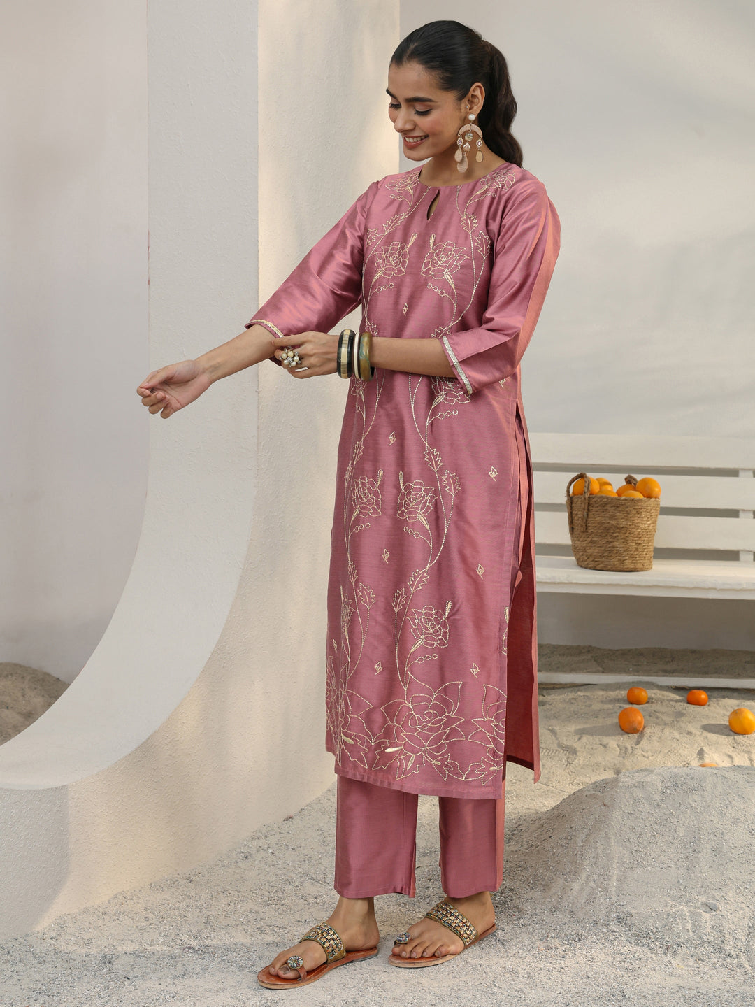  Pink Floral Embroidered Silk Blend Straight Kurta Set 