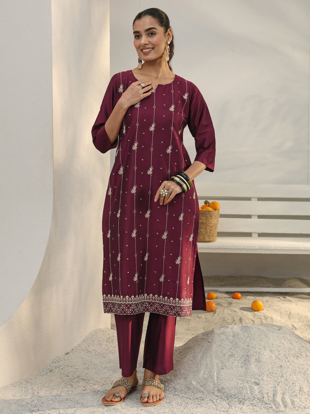  Maroon Floral Embroidered Silk Blend Straight Kurta Set 