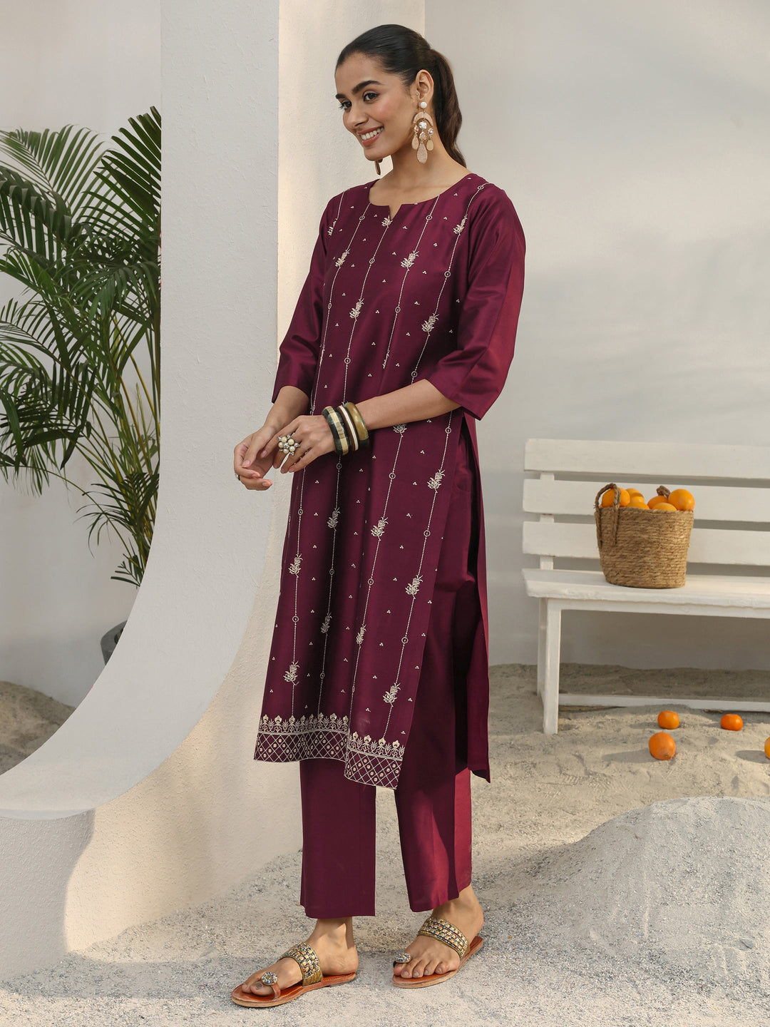  Maroon Floral Embroidered Silk Blend Straight Kurta Set 