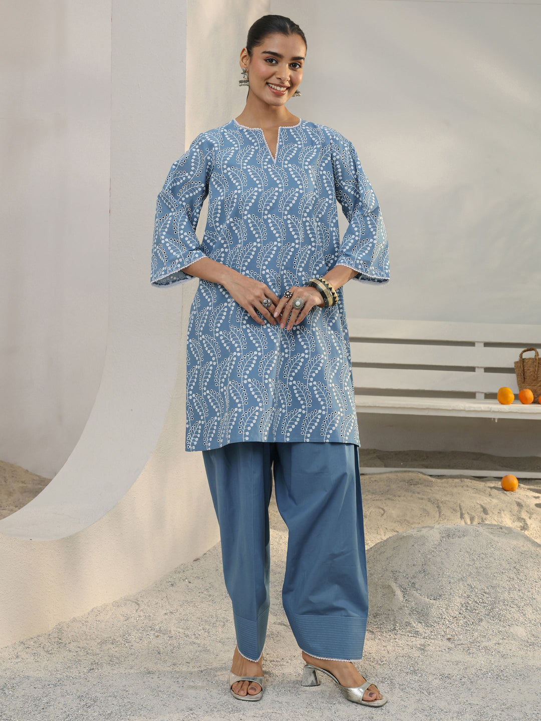  Blue Floral Embroidered Cotton Blend Straight Kurta Set 