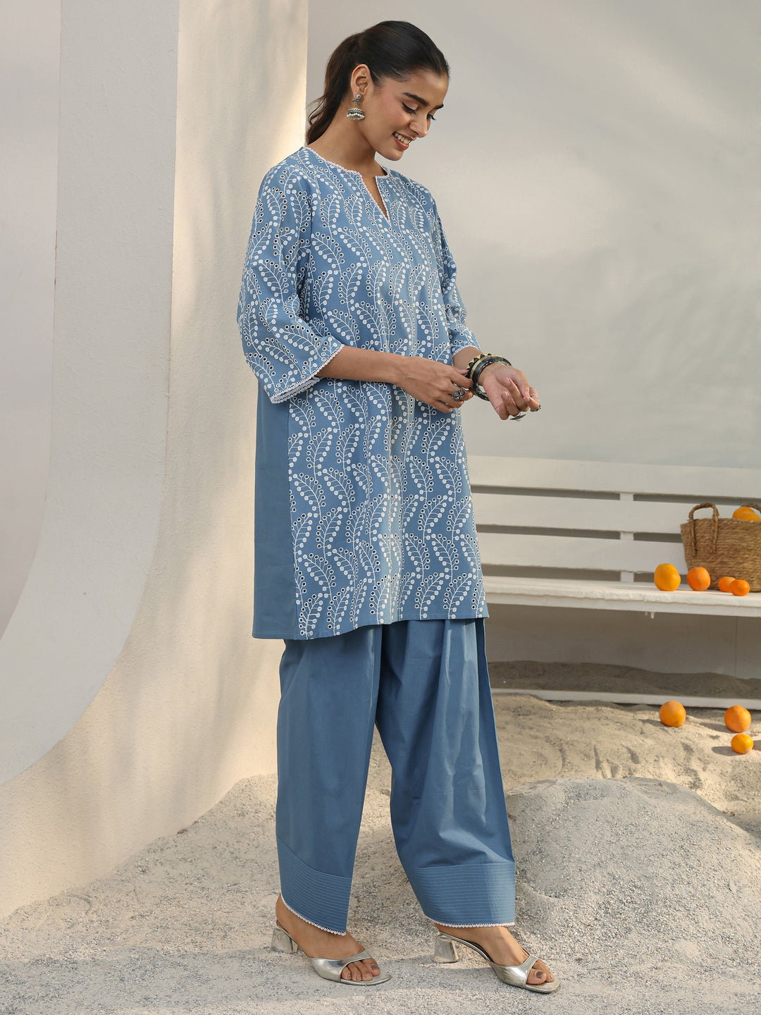  Blue Floral Embroidered Cotton Blend Straight Kurta Set 